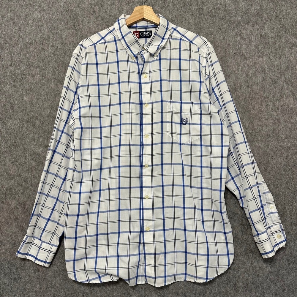 Chaps Mens‎ Classic Fit Plaid Button Down Shirt Long Sleeve Blue White Sz Large